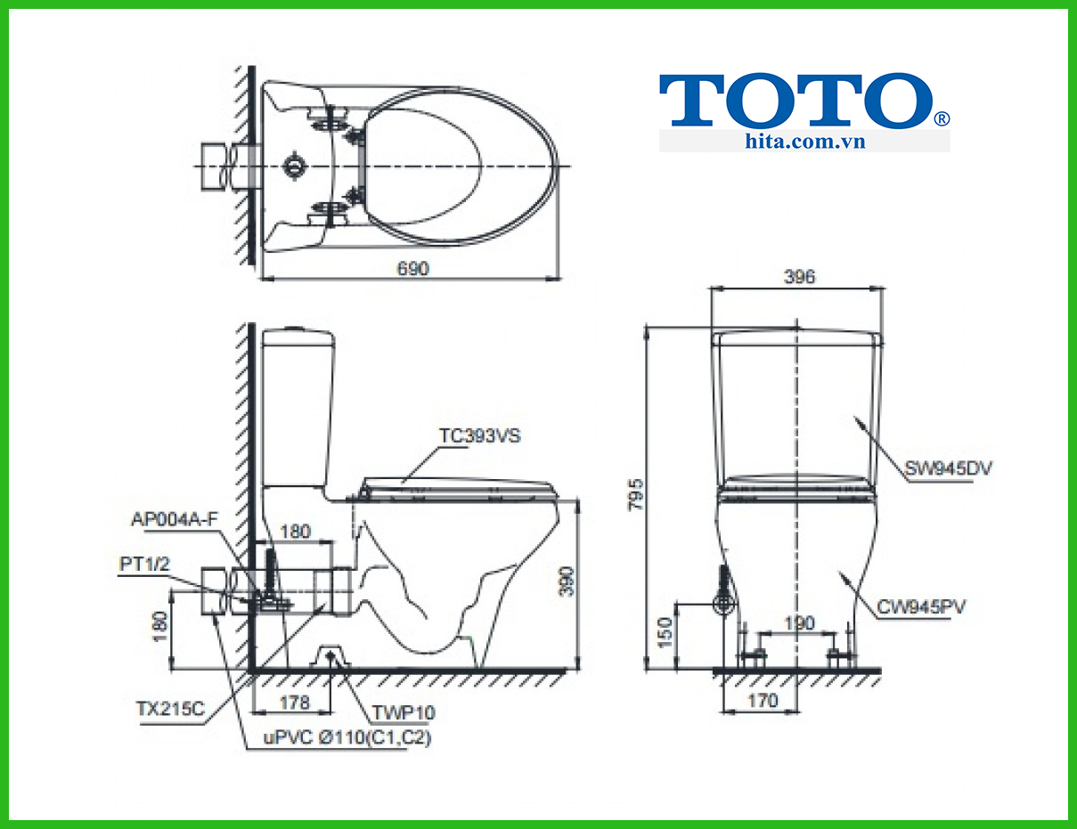 BỒN CẦU 2 KHỐI TOTO CS945PDT2