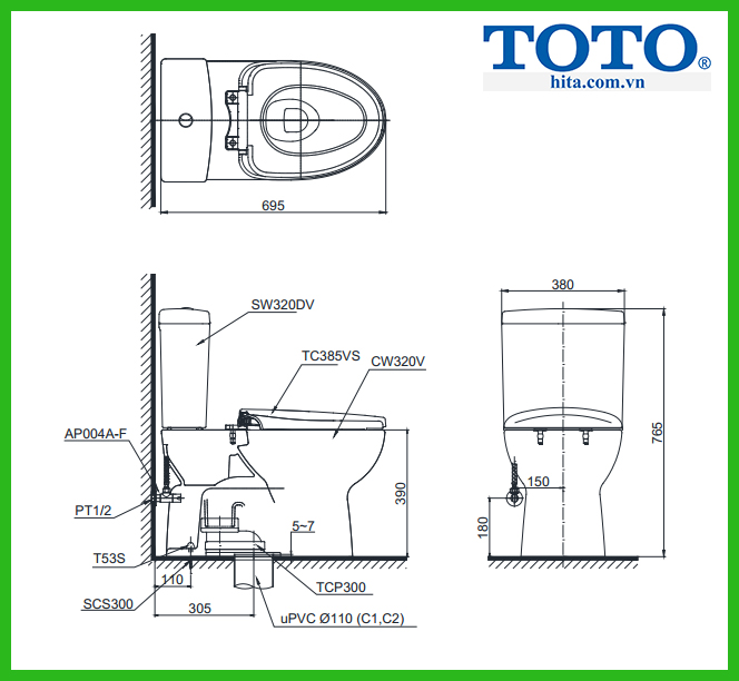 Bồn cầu 2 khối Toto CS320DRT3