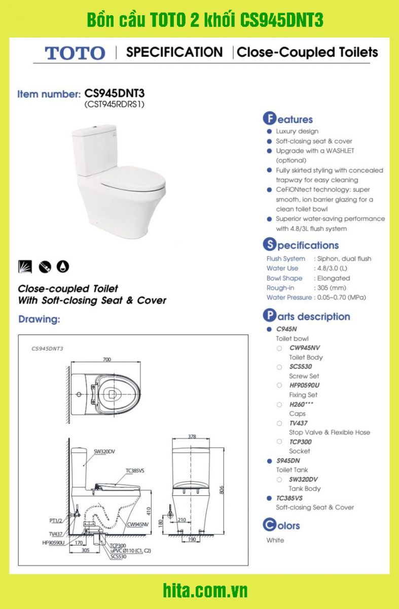 Bồn cầu TOTO 2 khối CS945DNT3