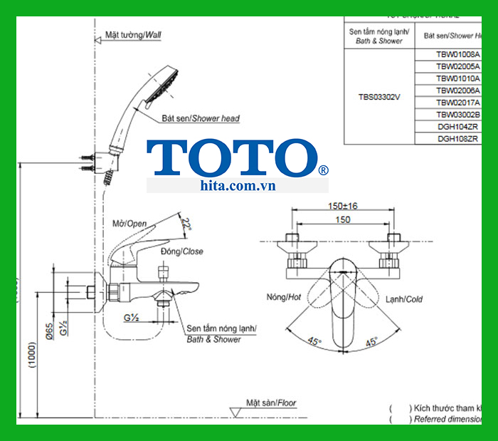 Bộ sen tắm Toto TBS03302V TBW01010A