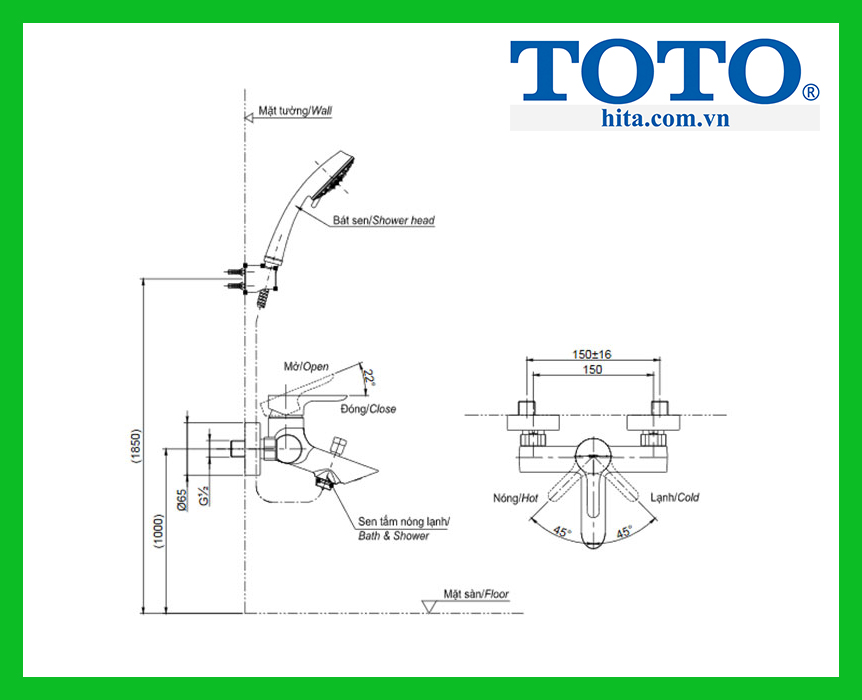 Bộ vòi sen tắm nóng lạnh Toto TBS01302V TBW01010A