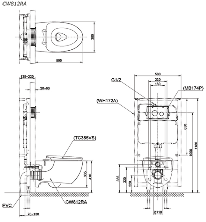 Bồn cầu treo tường CW812RA/TC811SJ đơn nắp đóng êm