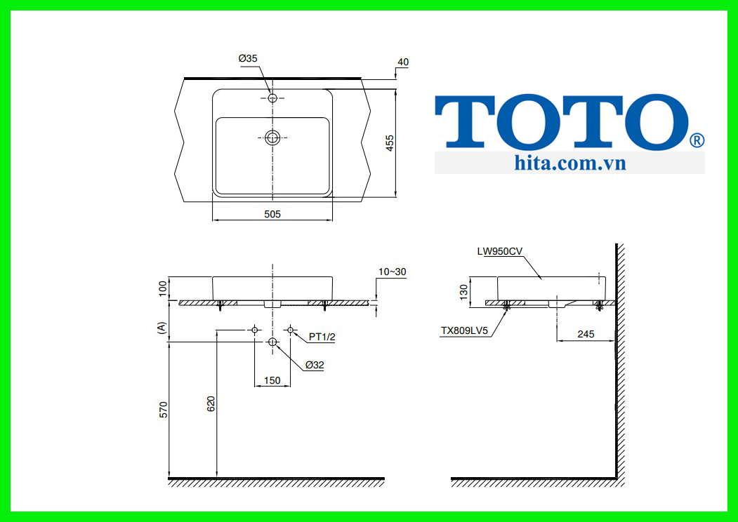 Chậu rửa đặt bàn Toto LT950C bản vẽ