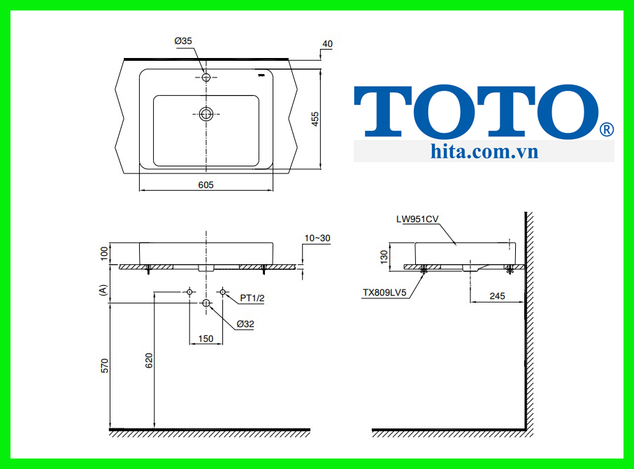 Chậu rửa đặt bàn Toto LT951C bản vẽ