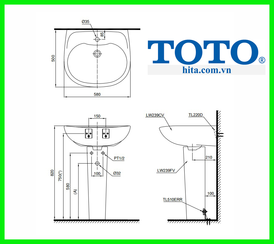 Chậu rửa chân dài Toto LPT239C bản vẽ