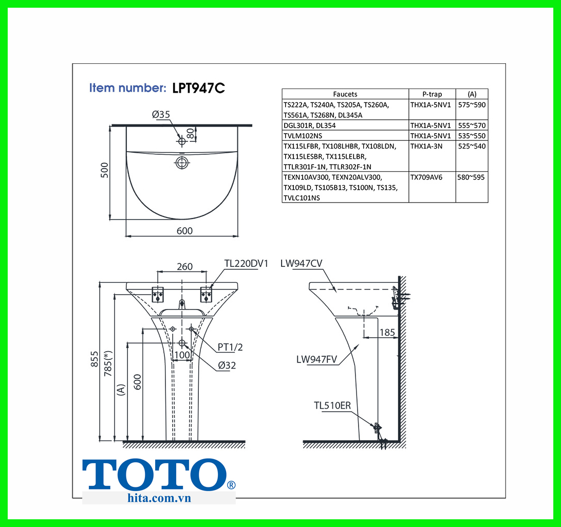 Chậu rửa chân dài Toto LPT947C bản vẽ