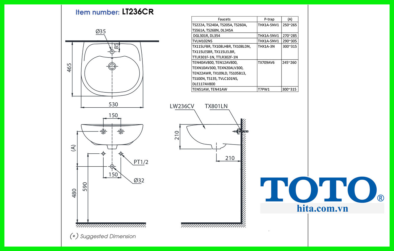 Chậu rửa treo tường Toto LT236CR bản vẽ