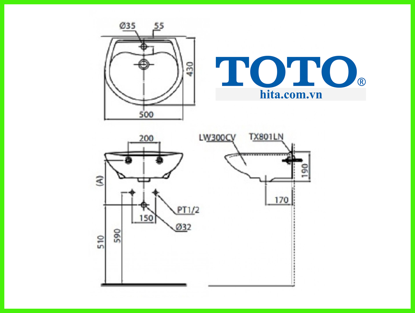 Chậu rửa treo tường Toto LT300C bản vẽ