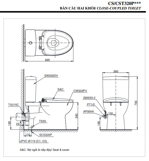 Kích thước bồn cầu Toto 2 khối CS320