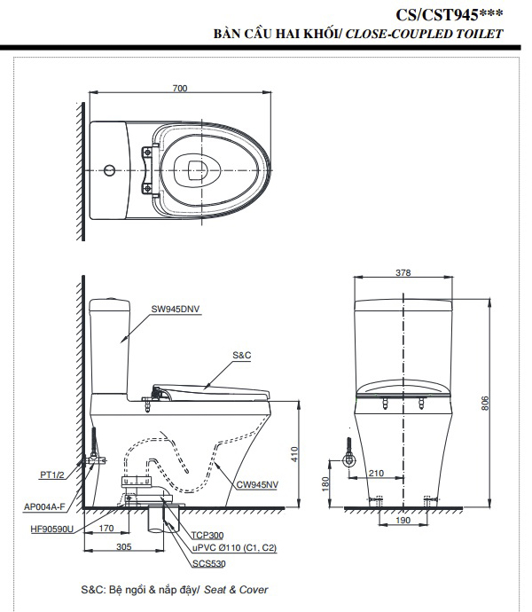 Kích thước bồn cầu Toto 2 khối CS945