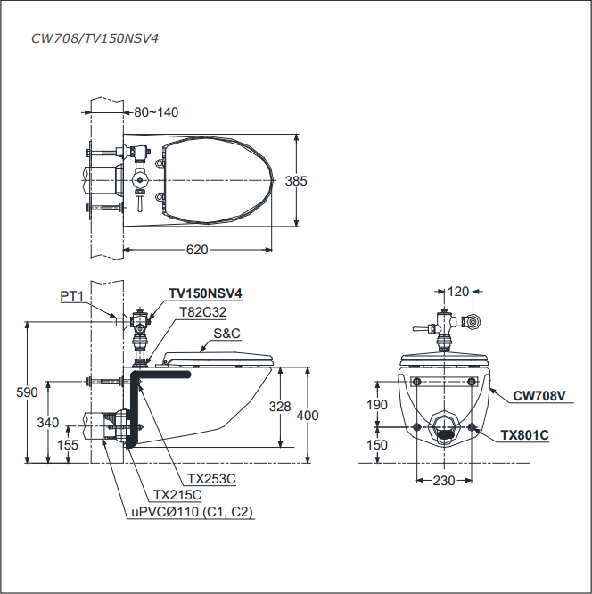 Kích thước bồn cầu treo tường Toto cw708