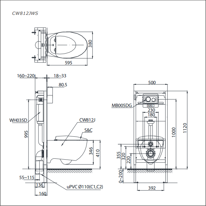 Kích thước bồn cầu treo tường Toto cw812