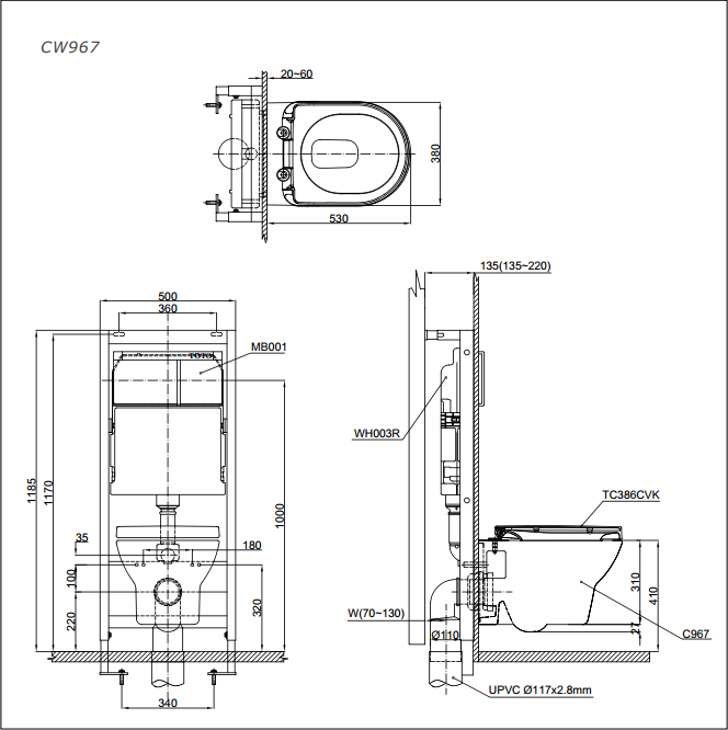 Kích thước bồn cầu treo tường Toto cw967