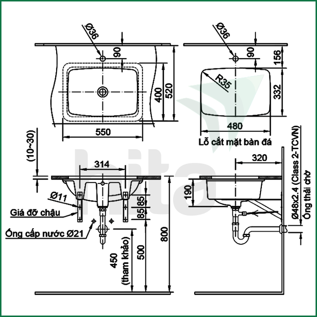 Thông số kĩ thuật lavabo âm bàn chất lượng cao AL-2298V