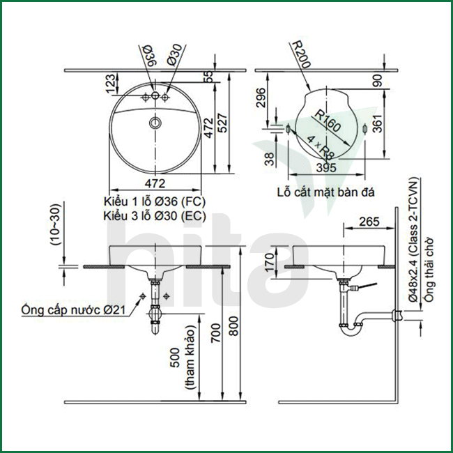 Bản vẽ kĩ thuật lavabo đặt bàn INAX Al-294V