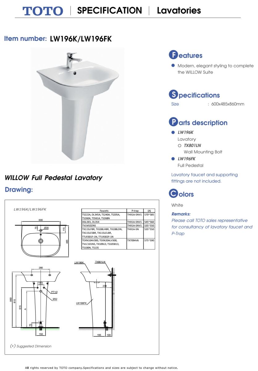 Thông số kĩ thuật lavabo chân dài TOTO LW196K/LW196FK