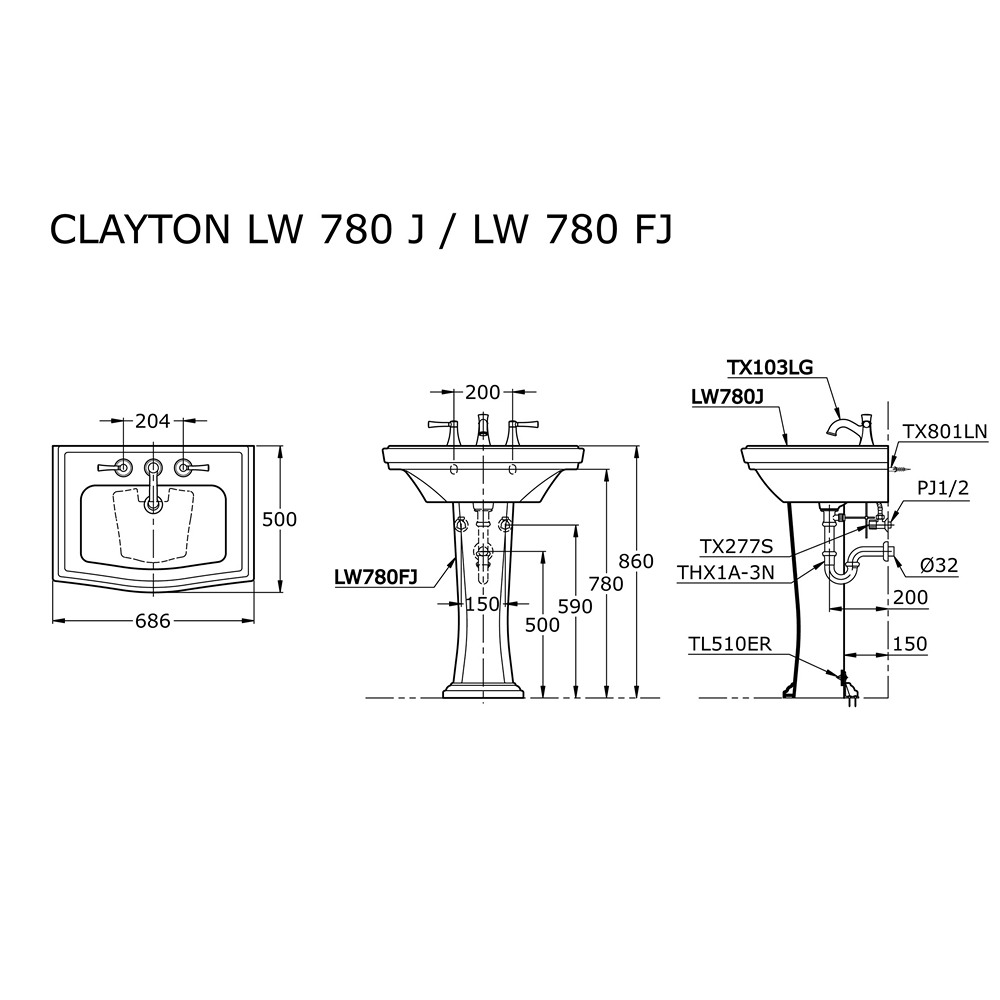 Thông số kĩ thuật lavabo chân lửng toto LW780J/LW780FJ