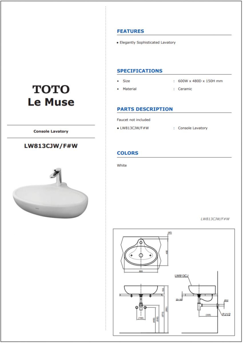 thông số kĩ thuật lavabo đặt bàn mới TOTO LW813CJW/F