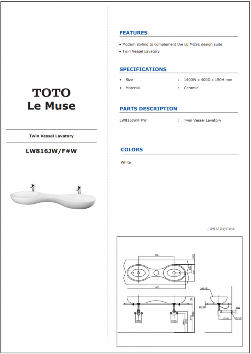 Thông số kĩ thuật lavabo đôi đặt bàn TOTO LW816JW/F
