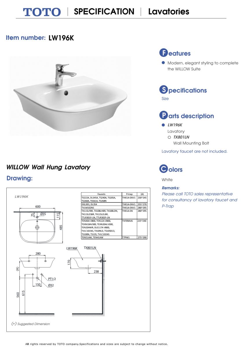 Lavabo treo tường toto LW196K