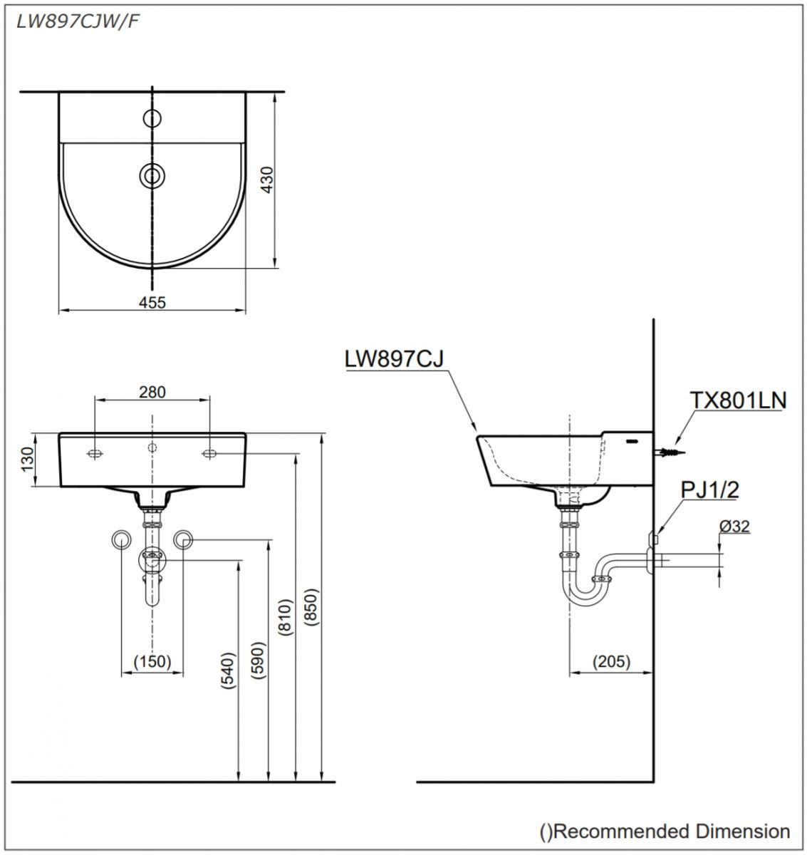 bản vẽ kĩ thuật lavabo treo tường toto LW897CJW/F