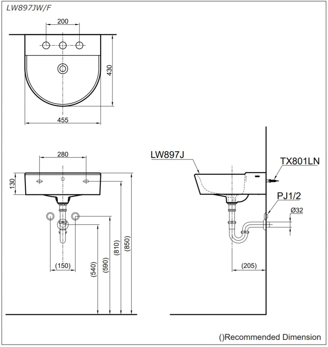 thông số kĩ thuật lavabo treo tường toto LW897JW/F