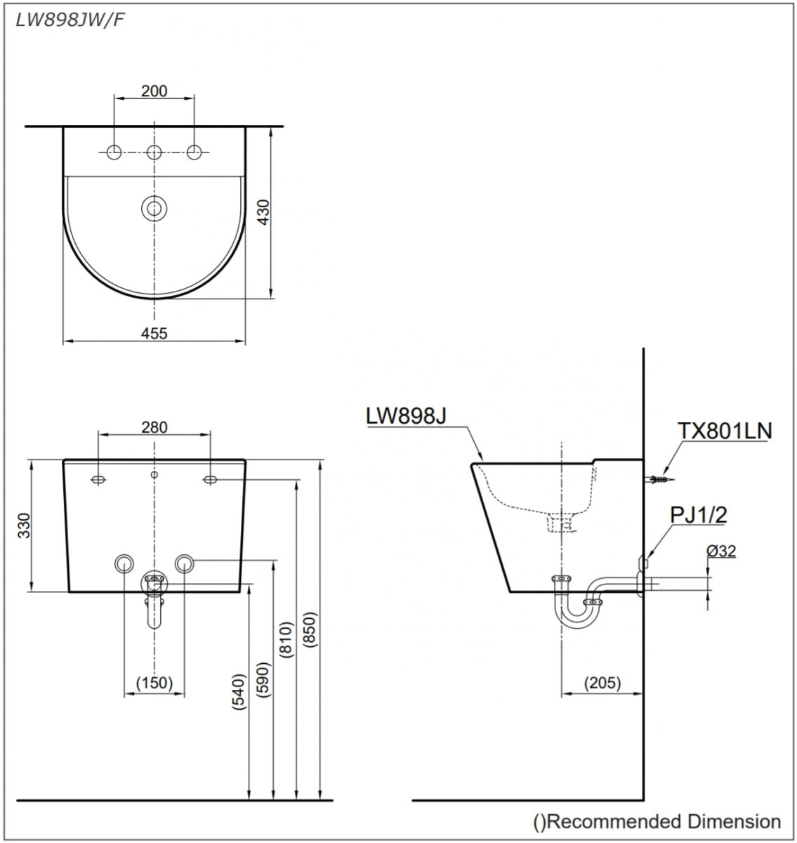 bản vẽ kĩ thuật lavabo treo tường TOTO LW898JW/F