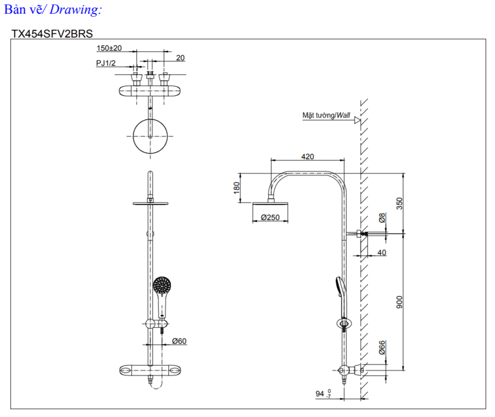 Thông số kĩ thuật Sen tắm cây nhiệt độ TOTO TX454SFV2BRS