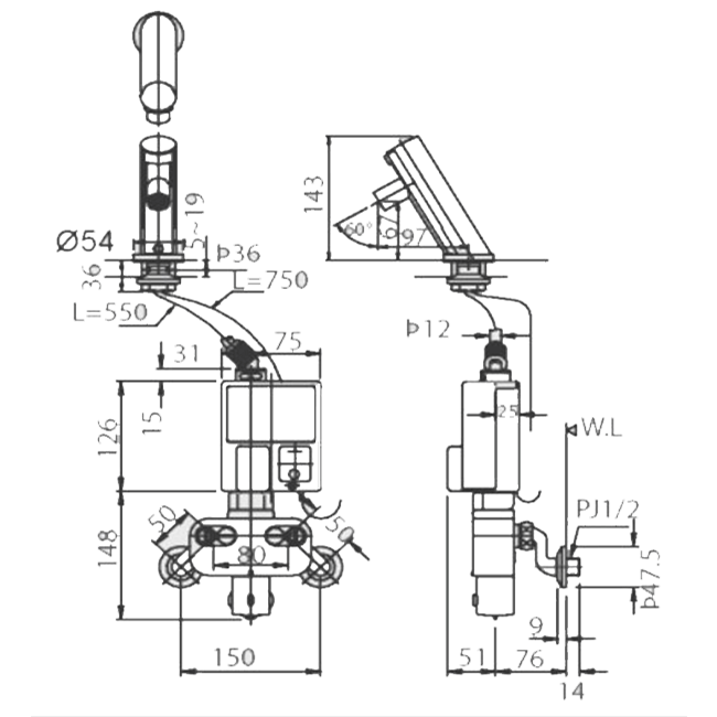 Thông số kĩ thuật vòi chậu cảm ứng lavabo INAX AMW-90K