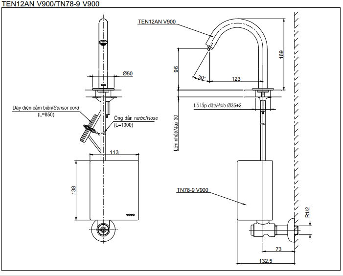 Thông số kĩ thuật vòi cảm ứng TOTO TEN12ANV900/TN78-9V900/TVLF405