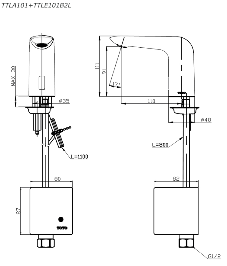 Thông số kĩ thuật vòi cảm ứng TOTO TTLA101/TTLE101B2L/TVLF405