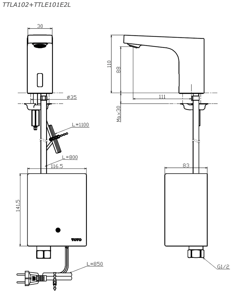 Thông số kĩ thuật vòi cảm ứng TOTO TTLA102/TTLE101E2L/TVLF405