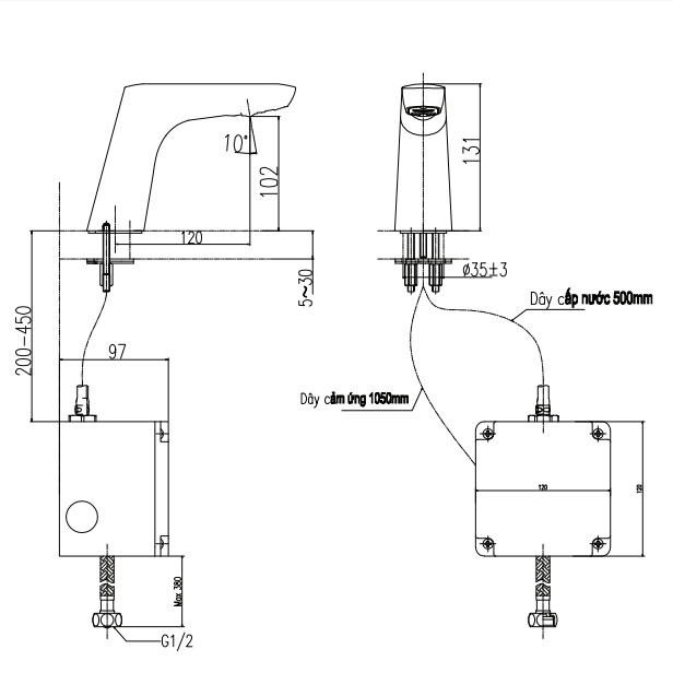 Thông số kĩ thuật vòi chậu cảm ứng INAX AMW-50B