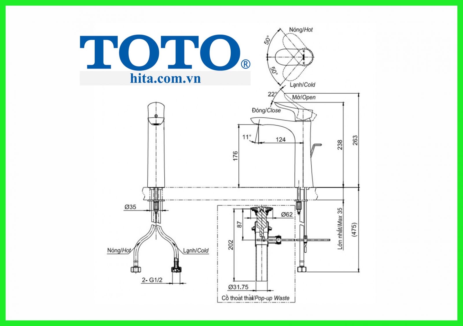Vòi chậu Toto TLG01304V bản vẽ