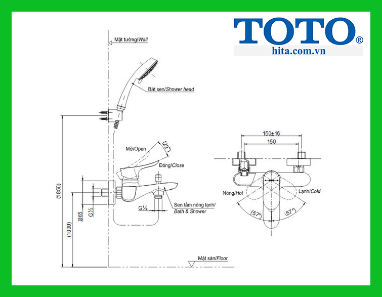 Vòi sen tắm nóng lạnh Toto TBG01302V TBW02005A