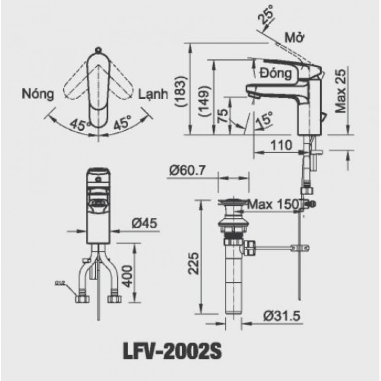 Đây là bảng vẽ kỹ thuật của vòi lavabo Inax LFV-2002S