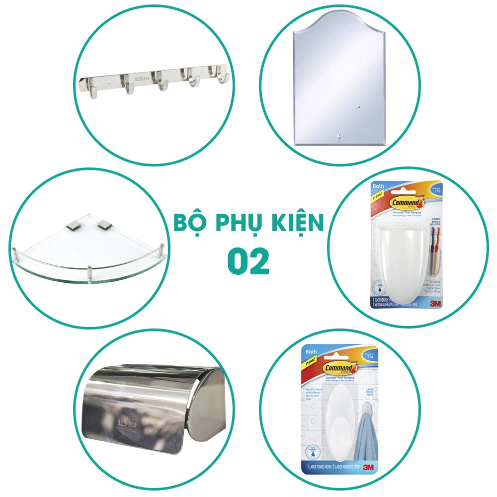 Bộ phụ kiện phòng tắm 6 món BPK002 giá cực sốc gồm những sản phẩm: Móc treo quần áo Hita 5 móc, Kệ kính góc Hita, Hộp giấy Outlet, Móc treo dán tường 3M siêu chắc, Kệ đựng bàn chải và kem đánh răng 3M đa năng, Gương Hita.