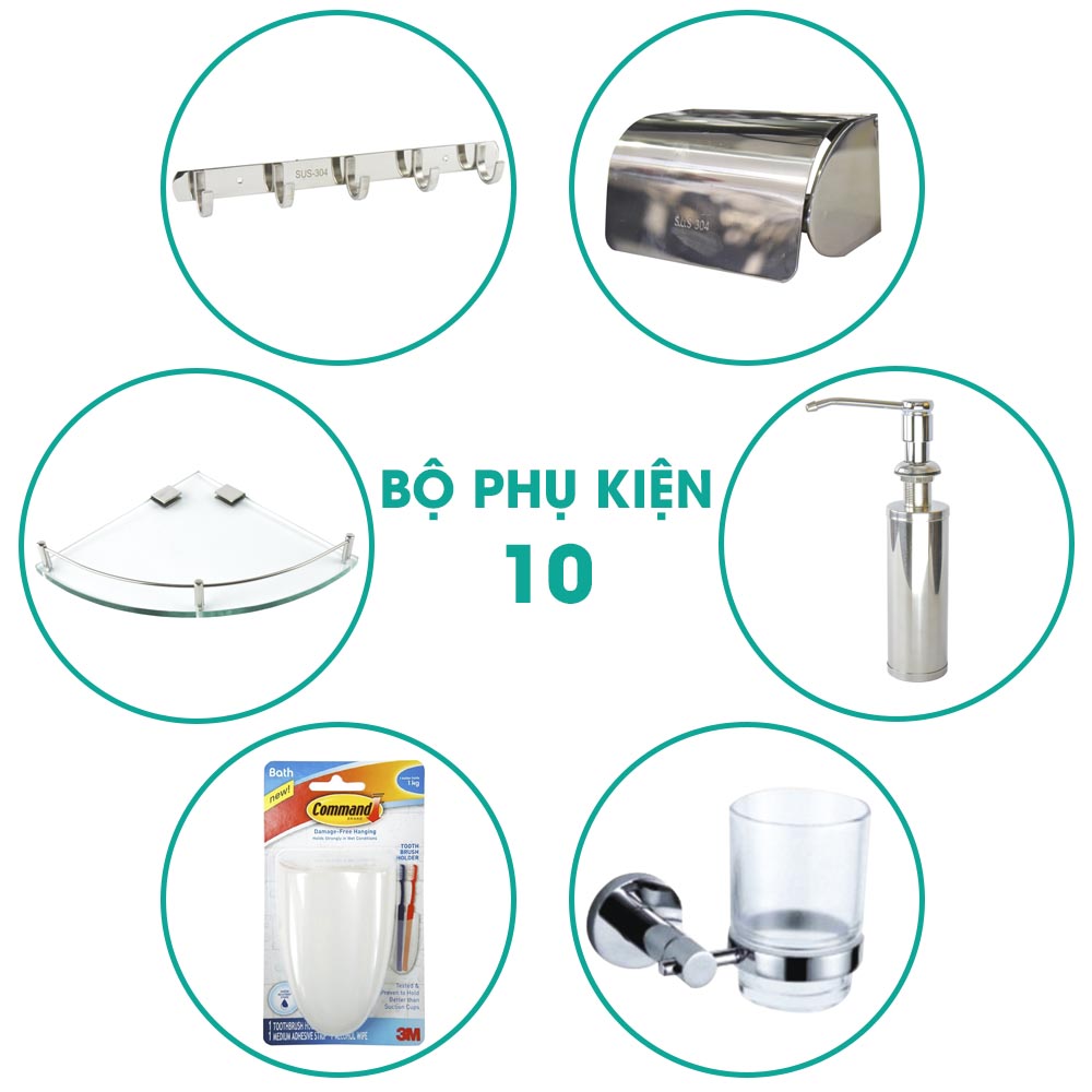 Bộ phụ kiện phòng tắm 6 món BPK010 giảm giá sốc khuyến mãi gồm những sản phẩm: Móc treo quần áo Hita 5 móc, Kệ kính góc Hita, Kệ đựng bàn chải và kem đánh răng 3M, Kệ ly Luxta, Bình đựng xà bông Hita, Hộp giấy Outlet