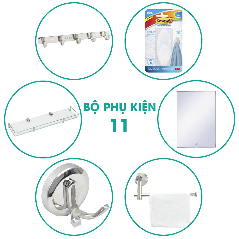 Bộ phụ kiện phòng tắm 6 món BPK11 giá rẻ bằng inox gồm các sản phẩm: Móc treo quần áo Hita 5 móc, Kệ kính dài Hita, Móc treo khăn 2 râu Hita, Máng khăn Hita, Gương Hita, Móc treo dán tường 3M