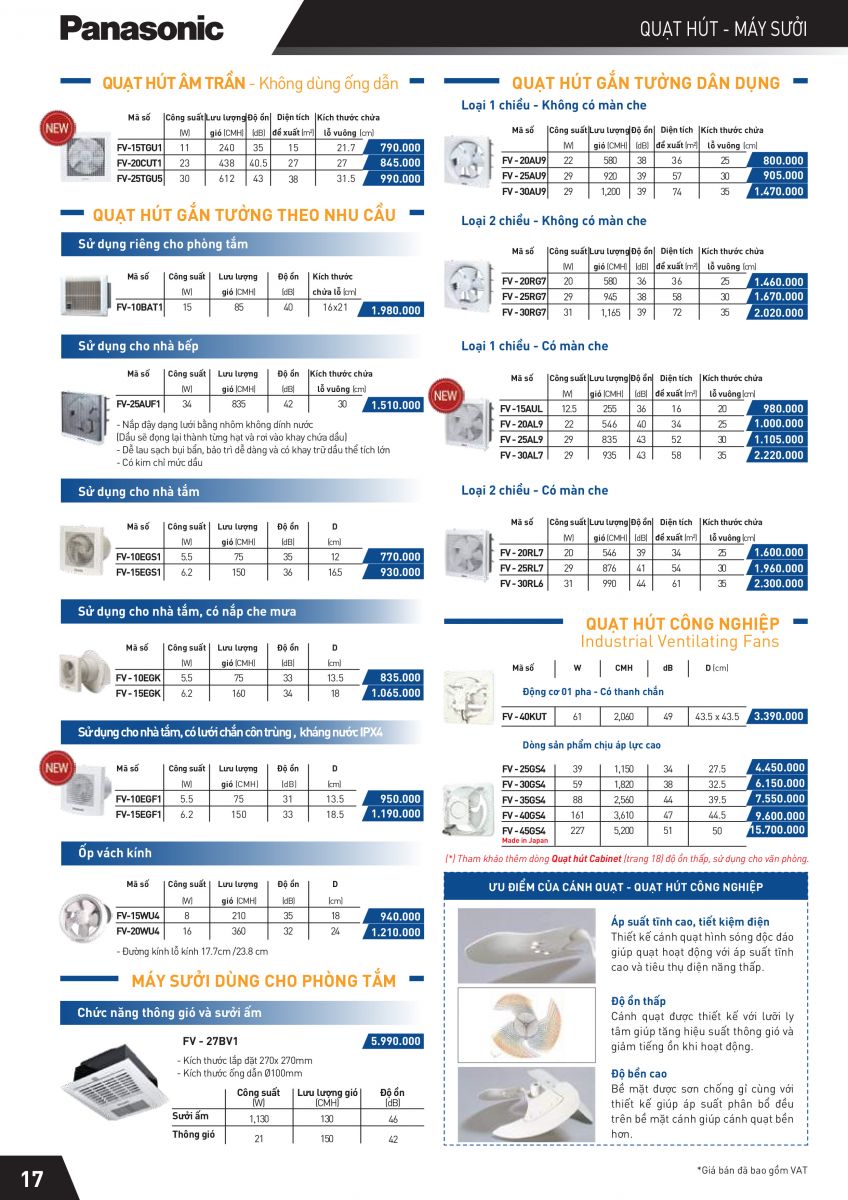 Bảng giá quạt hút thông gió nhà vệ sinh Panasonic 2019