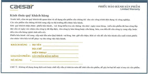 Phiều bảo hành thiết bị vệ sinh Caesar
