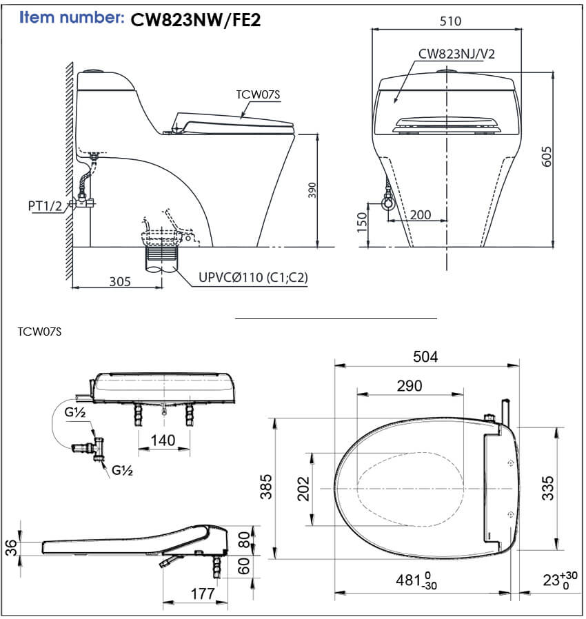 thông số kĩ thuật bồn cầu 1 khối toto CW823NW/FE2