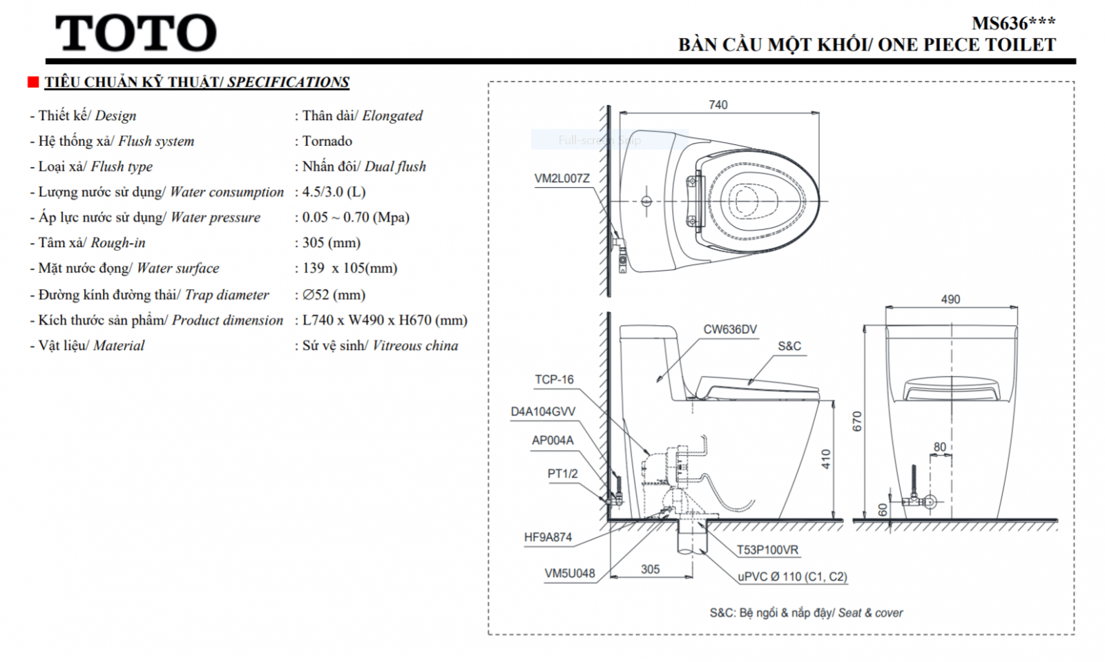 thông số kĩ thuật bồn cầu 1 khối toto MS636