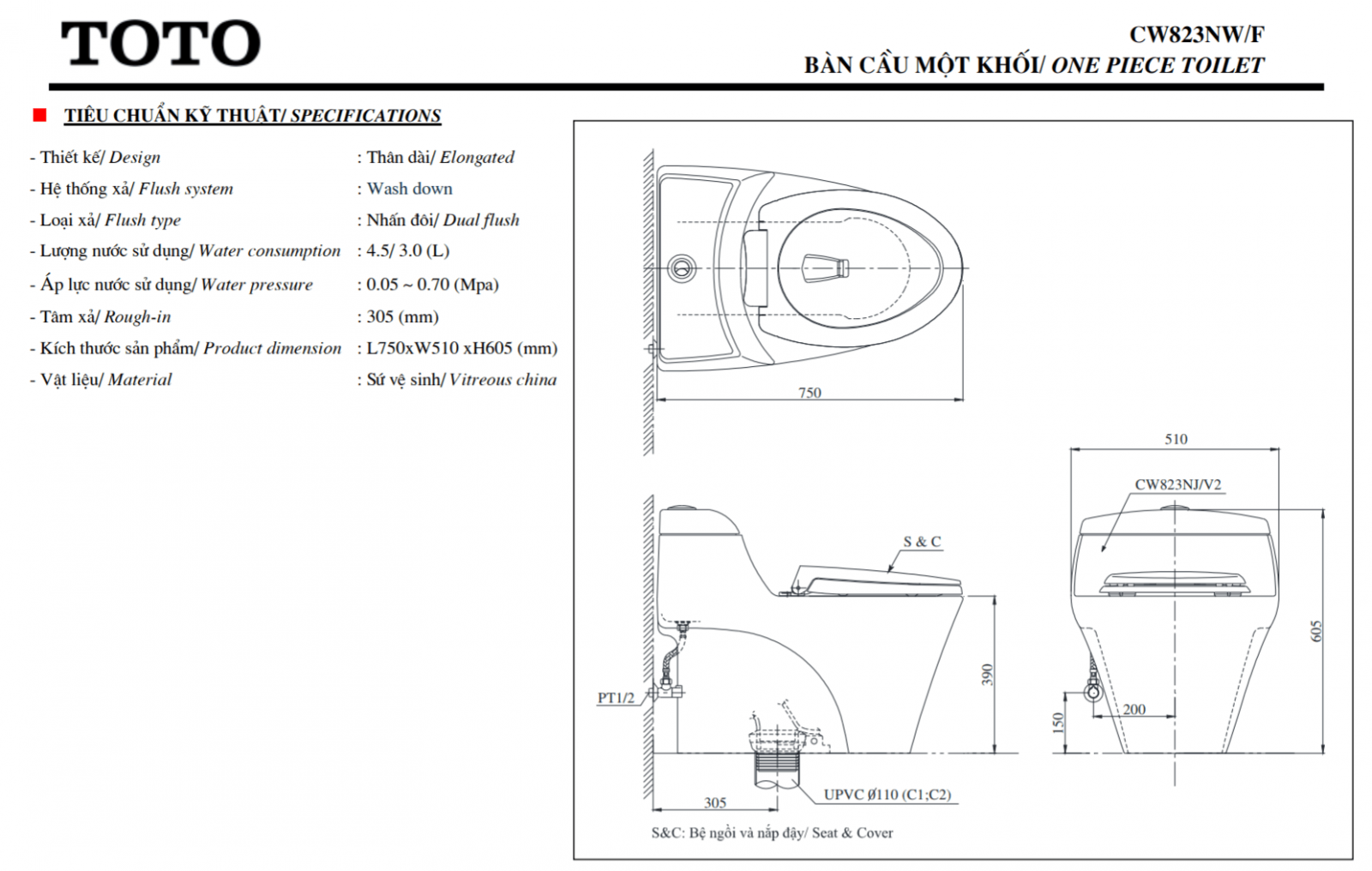 thông số kĩ thuật bồn cầu toto CW823NW
