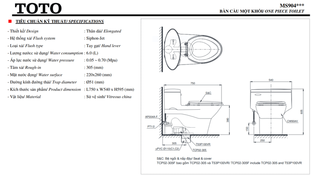 thông số kĩ thuật bồn cầu 1 khối toto MS904