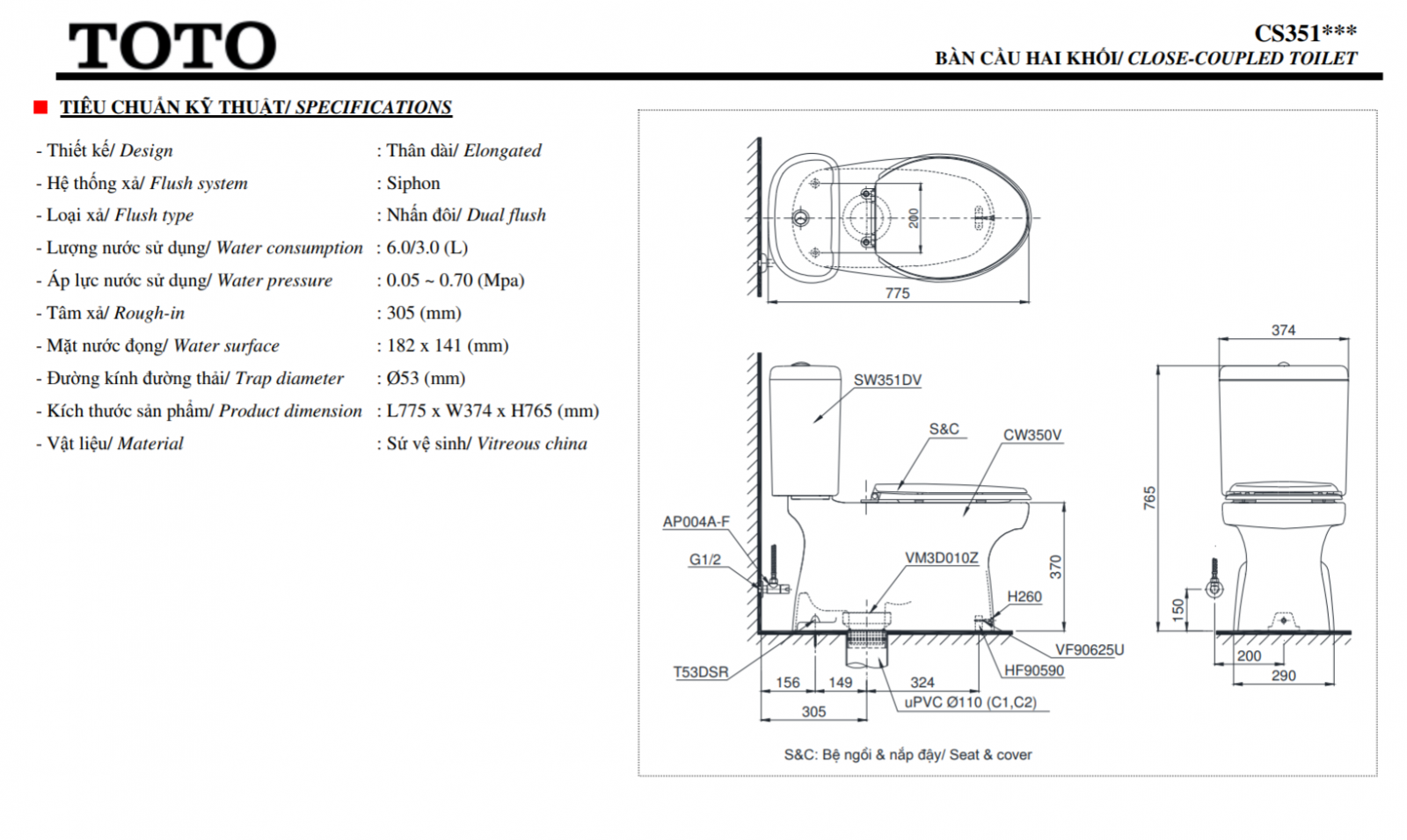 Thông số kĩ thuật bồn cầu 2 khối nắp rửa cơ toto CS351DE4
