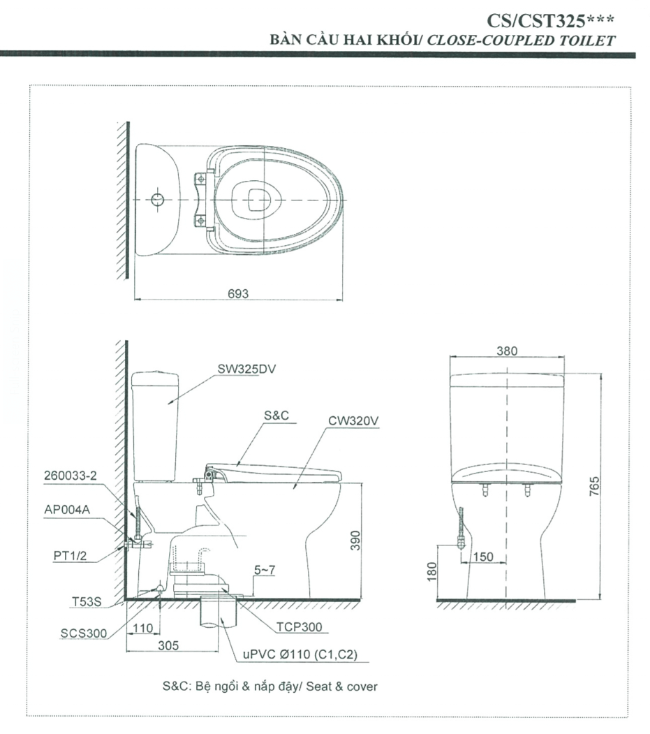 thông số kĩ thuật bồn cầu 2 khối toto CS325DRT3