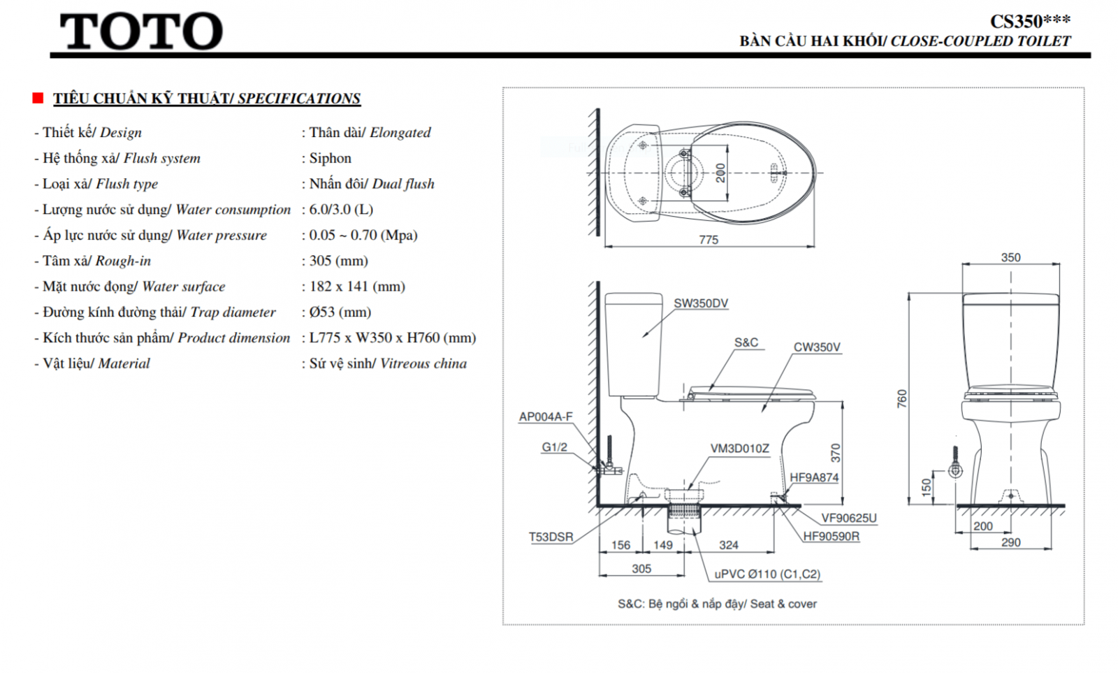 Thông số kĩ thuật bồn cầu 2 khối TOTO washlet CS350DW11