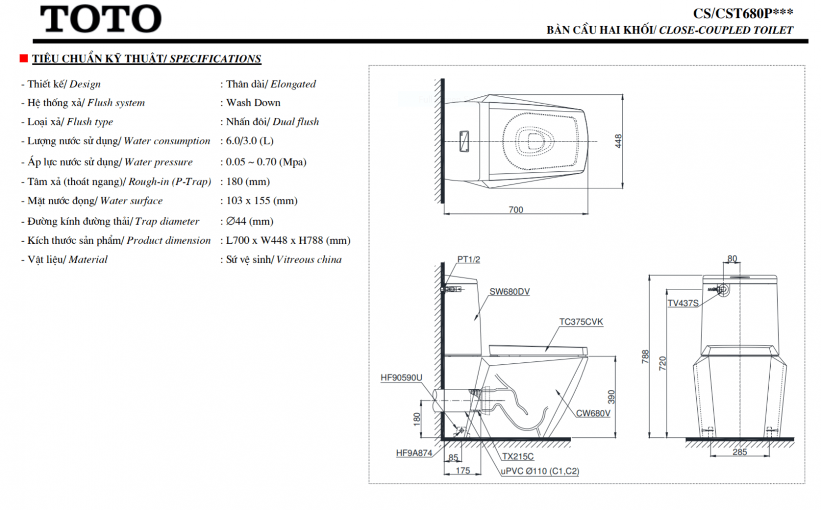 thông số kĩ thuật bồn cầu 2 khối toto CS680