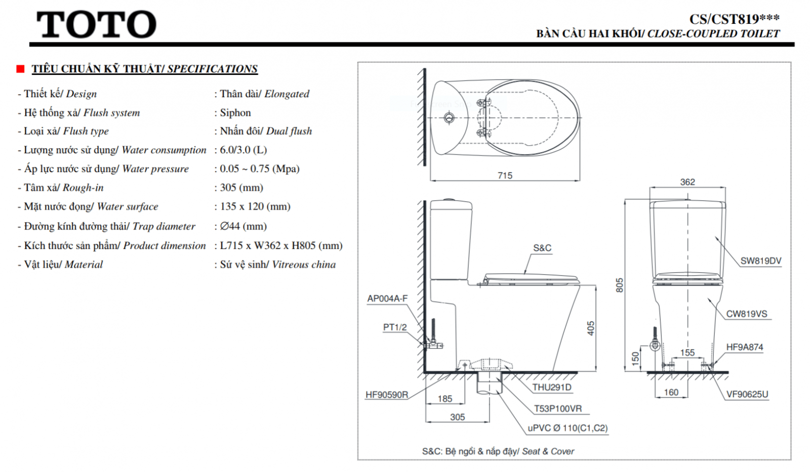 thông số kĩ thuật bồn cầu 2 khối toto chất lượng cao CS819DST2